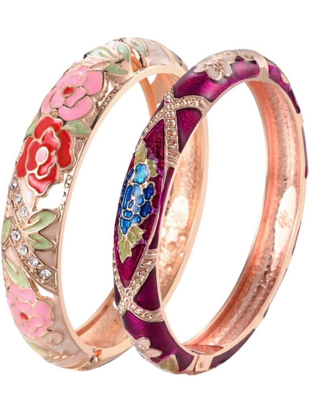 Vintage Cloisonne Hinged Cuff Bracelet - Handcrafted Enameled Rhinestone Rose